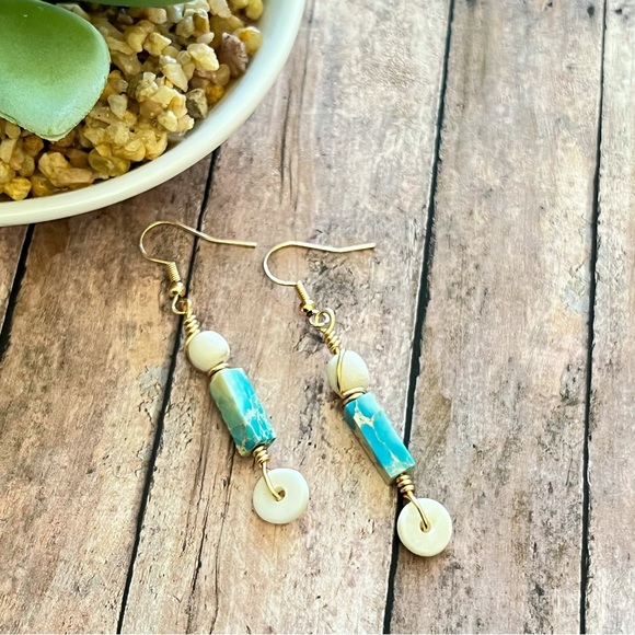Aqua Imperial Jasper And Natural Wood Drop Earrings - Picture 8 of 8